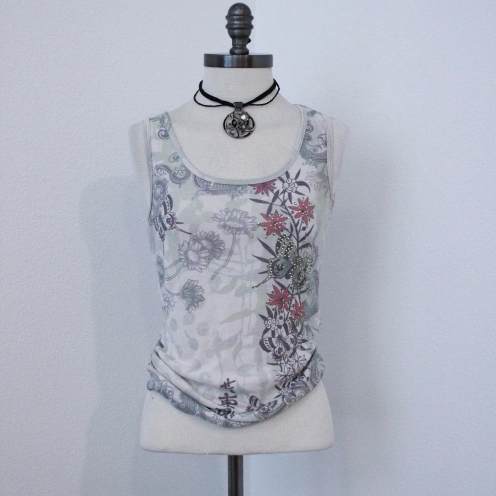 Y2K soft grunge floral and butterfly tank top with rhinestones